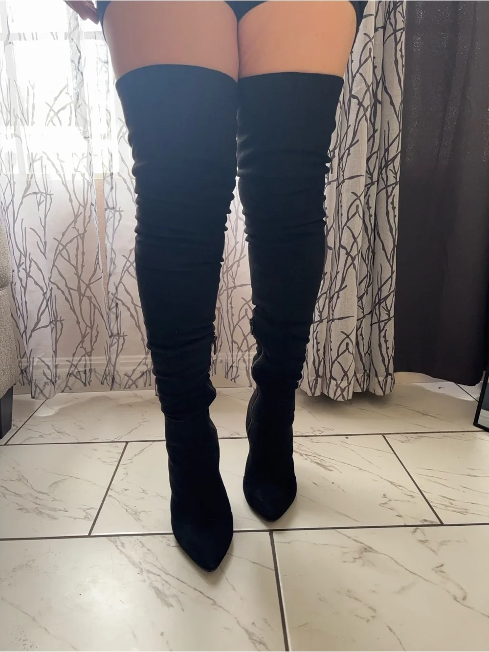Black Thigh High Pointed Toe Stretch Boots - Women's